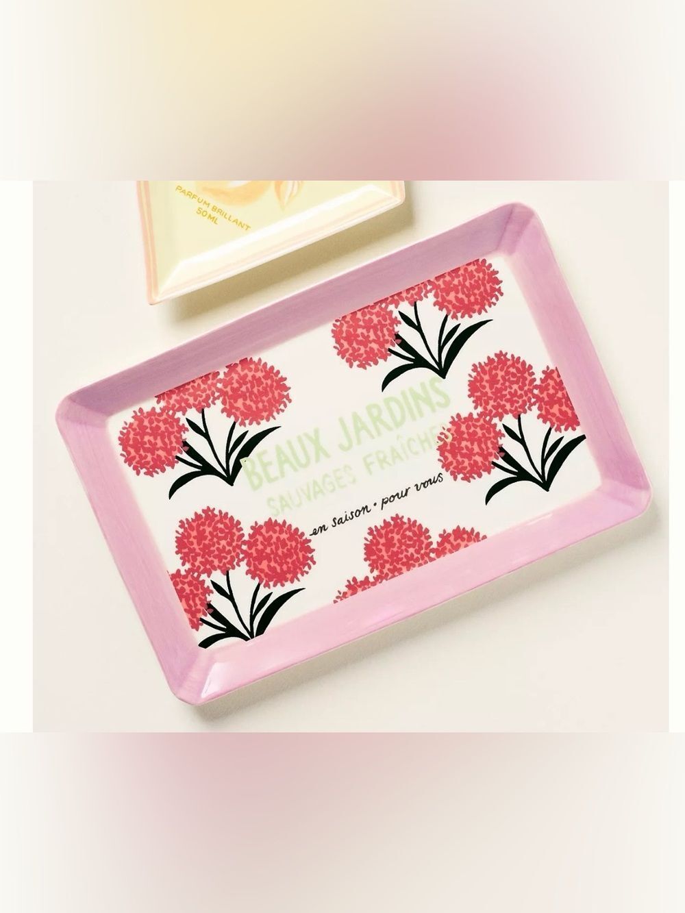 Anthropologie Juliette White Pink Red Floral Beaux Jardins Stoneware Vanity Tray